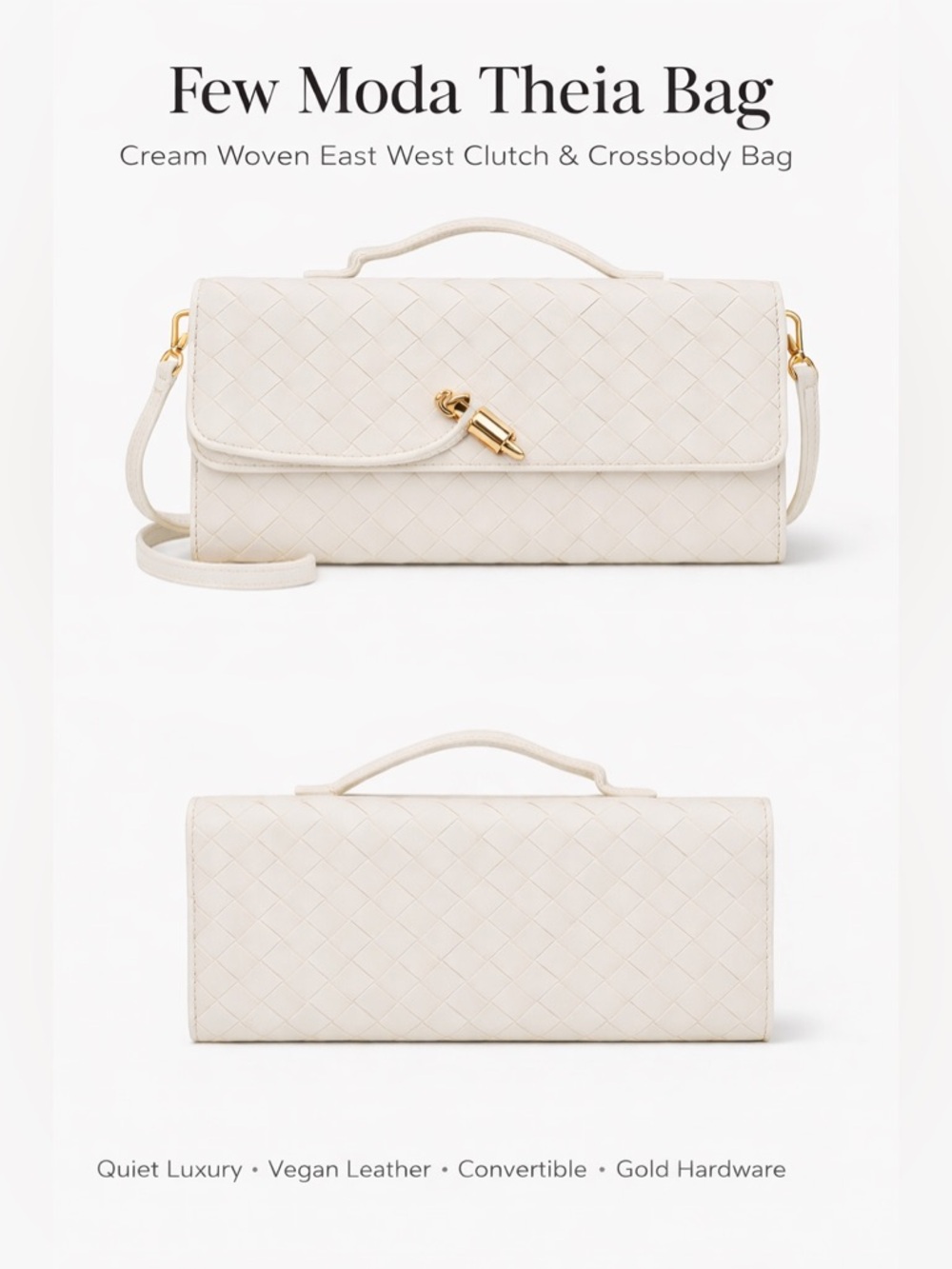 NWT Few Moda Theia Bag Cream  Woven East West Clutch with Crossbody Strap